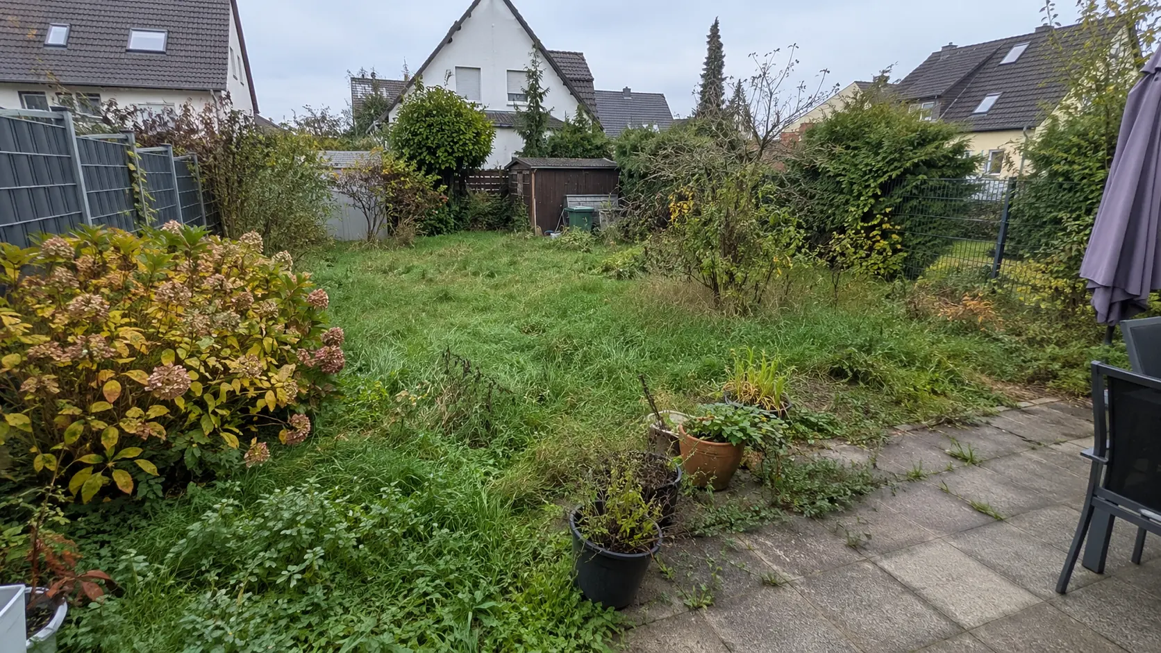 Vorher: verwilderter Garten mit hohem Gras und Unkraut zwischen den Terrassenplatten