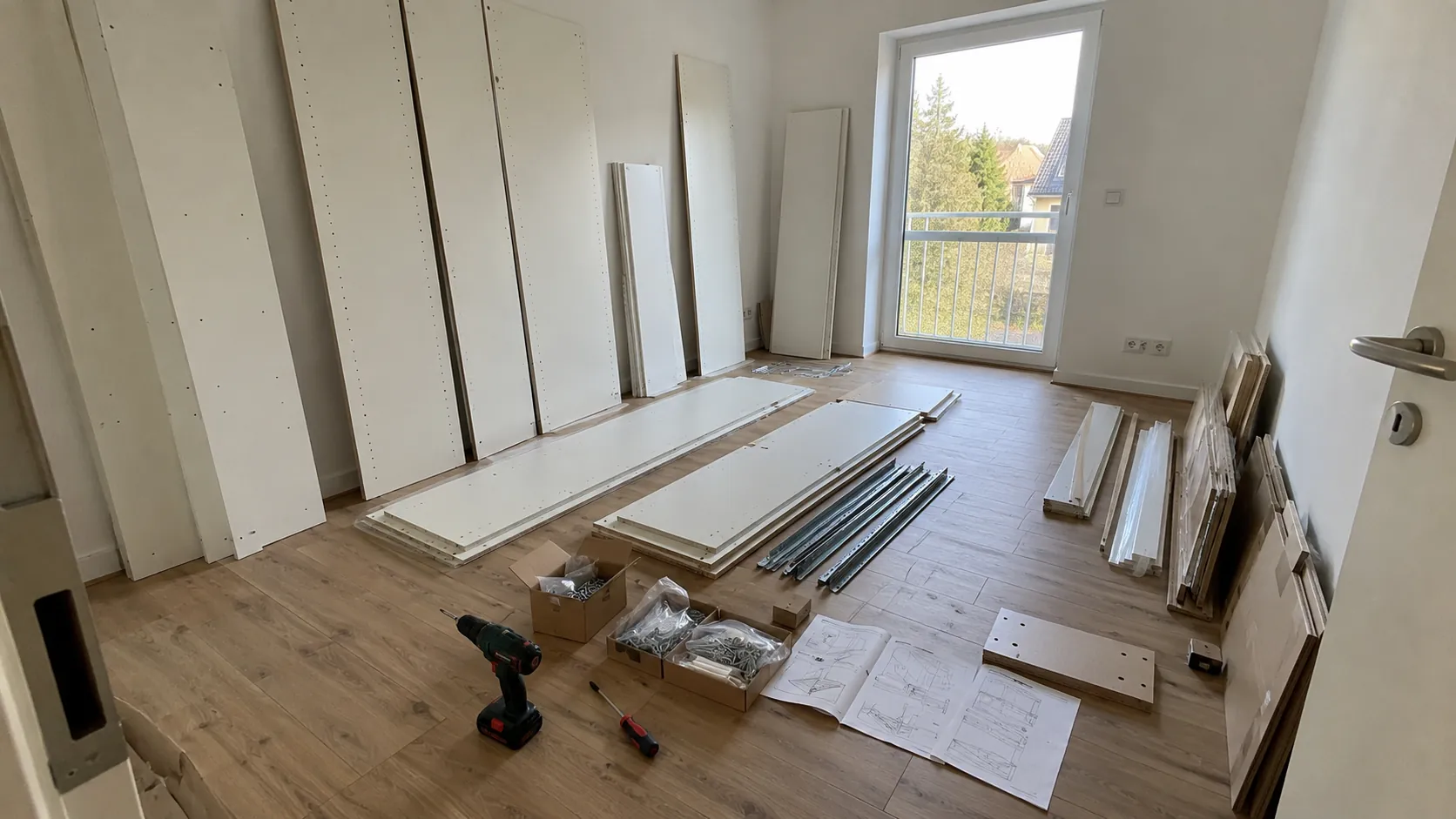 Vorher: Schrankteile, Schienen, Beschläge und Werkzeug im leeren Zimmer